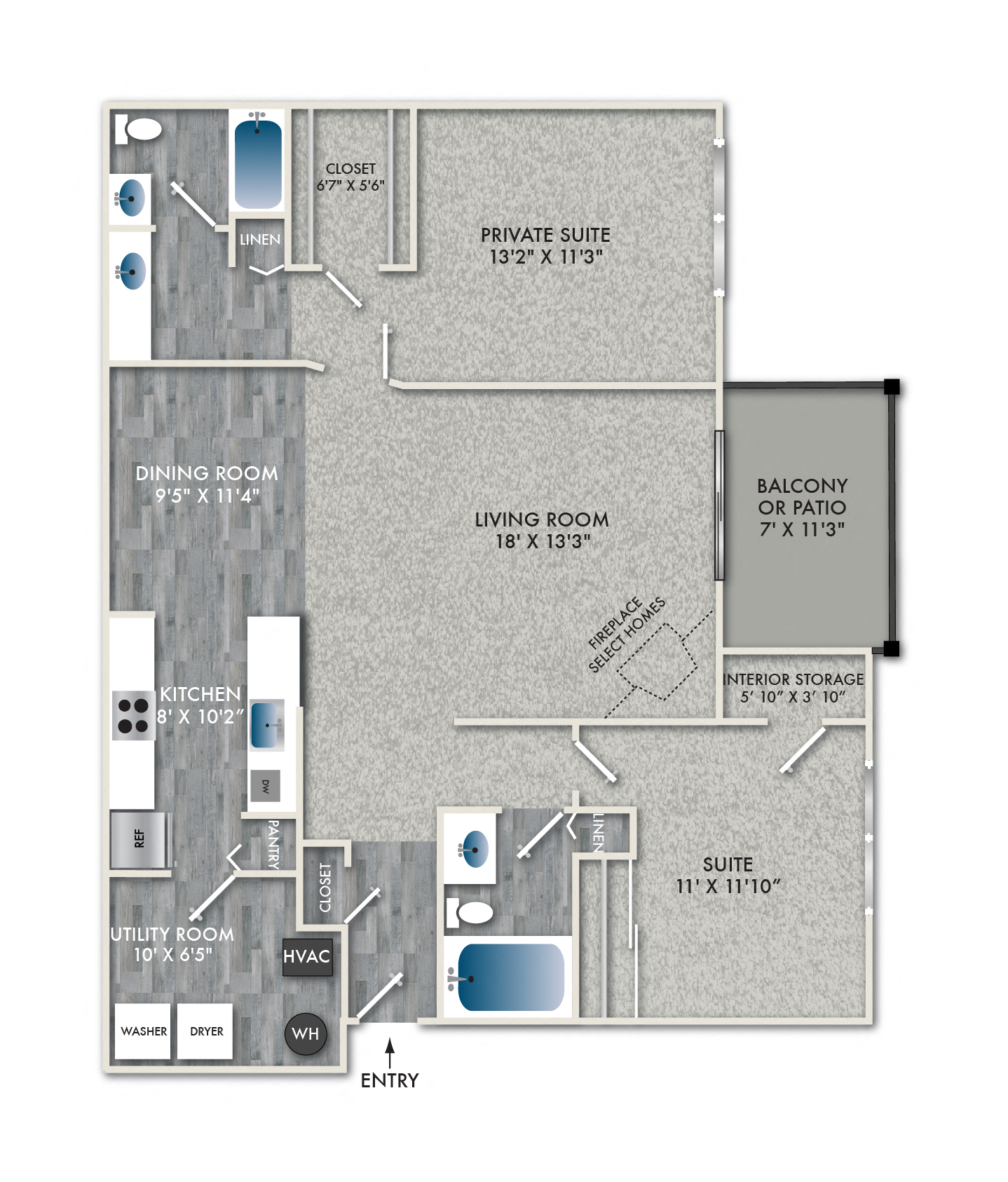 Floor plan for 2 beds, 2 baths, 1187 sqft